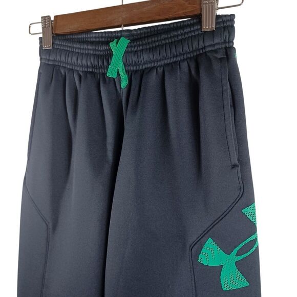 Under Armour Youth Boys M Storm Black Track Pants Joggers Green Logo Athletic - Picture 3 of 9